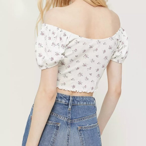 Urban Outfitters Pointelle Off-The-Shoulder Cropped Top White (Large) - Picture 4 of 9